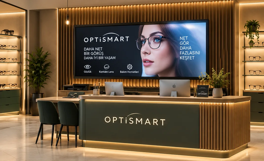 Ahşap tablalı OptiSmart danışma bankosu, arkasında büyük ekran ve ışıklı gözlük vitrinleri