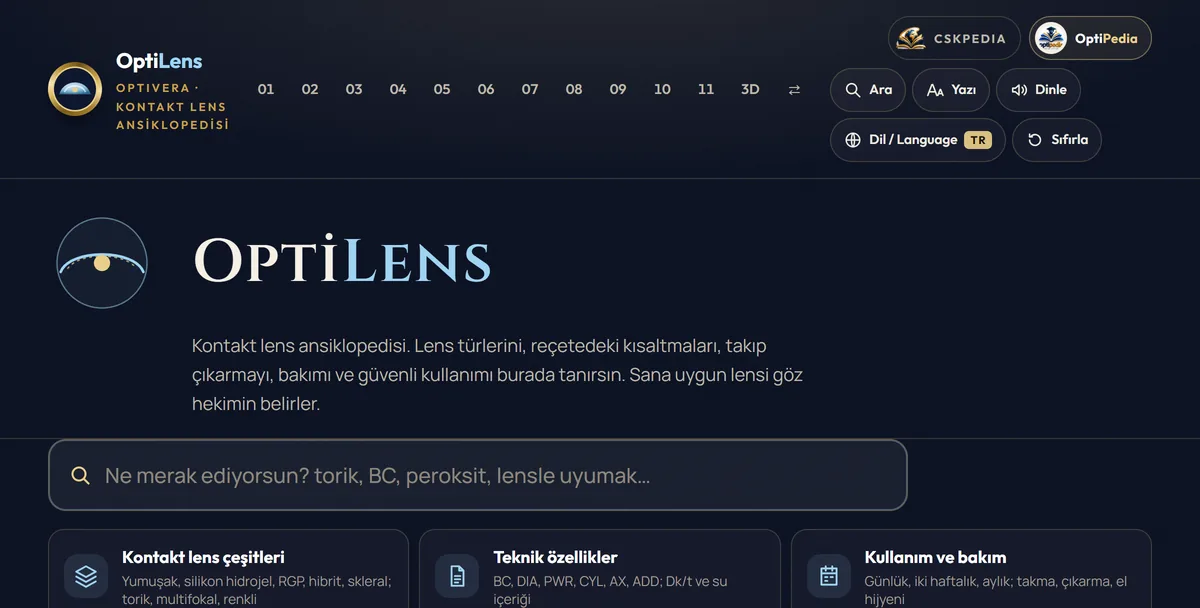OptiLens ekranı: büyük arama kutusu ve kontakt lens çeşitleri, teknik özellikler, kullanım ve bakım kısayolları