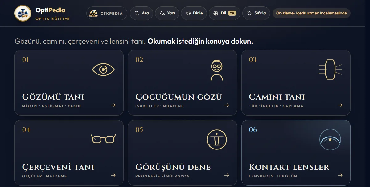 OptiPedia ekranı: Gözümü tanı, Çocuğumun gözü, Camını tanı gibi konu kartları